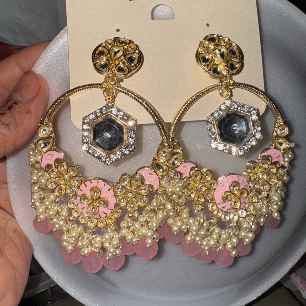Gold and Pink Floral Chandelier Earrings